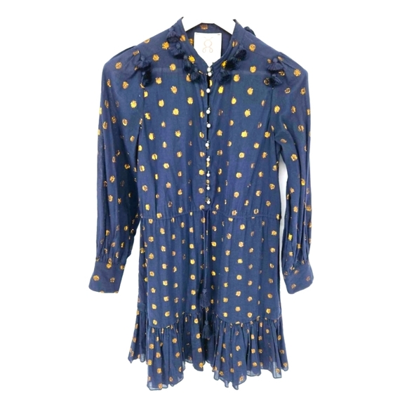 Tuckernuck Figue Emma Blue Gold Polka Dot Cotton Dress Size Small - Picture 3 of 13